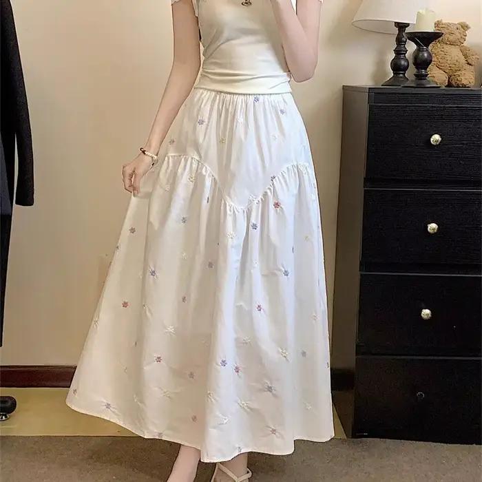 Jupe florale femmes 2025 Faldas Mujer De Moda taille élastique ample Jupe taille haute a-ligne douce