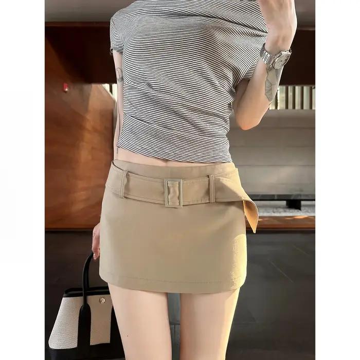 Jupe-short cargo Y2K kaki, mini-jupe, ceinture, taille basse, coupe trapèze, jupe courte tendance, c