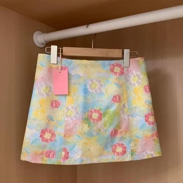 Été Floral Jacquard taille haute jupe femmes a-ligne coupe ajustée Vintage élégant doux coloré jupe 