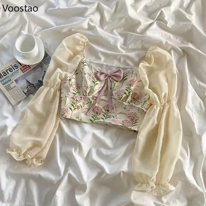 Ensemble jupe Sweet Lolita pour femme, chemisier court à manches bouffantes, mini jupe à volants ros