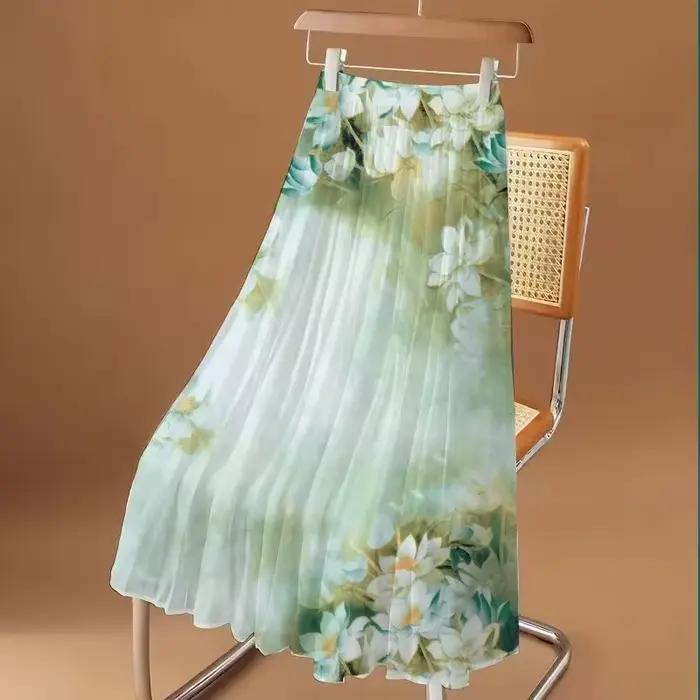 Jupe longue en mousseline de soie à imprimé floral pour femmes, élastique, taille haute, ligne A, pl