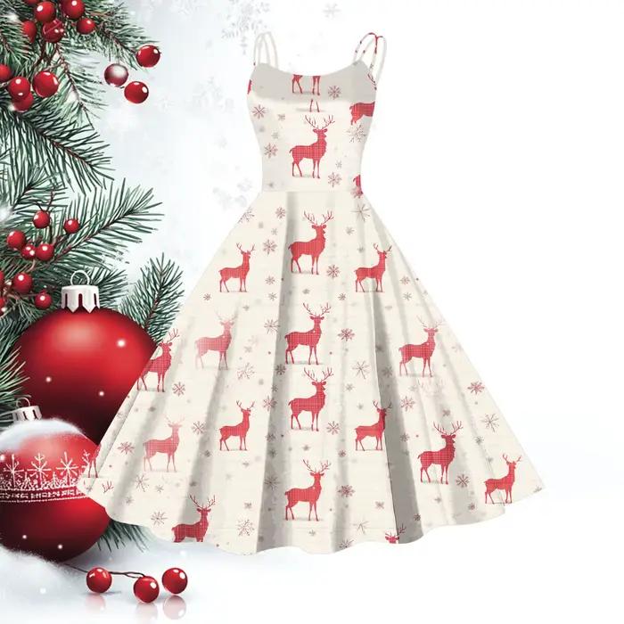 Robe de Soirée de Noël Rouge pour Femme, Costumes de Cosplay de Noël, Vintage, Imprimé Elk, Bretelle