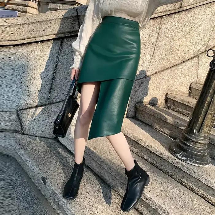 Jupe irrégulière taille haute en peau de mouton véritable pour femmes, vêtements en cuir, coupe couv