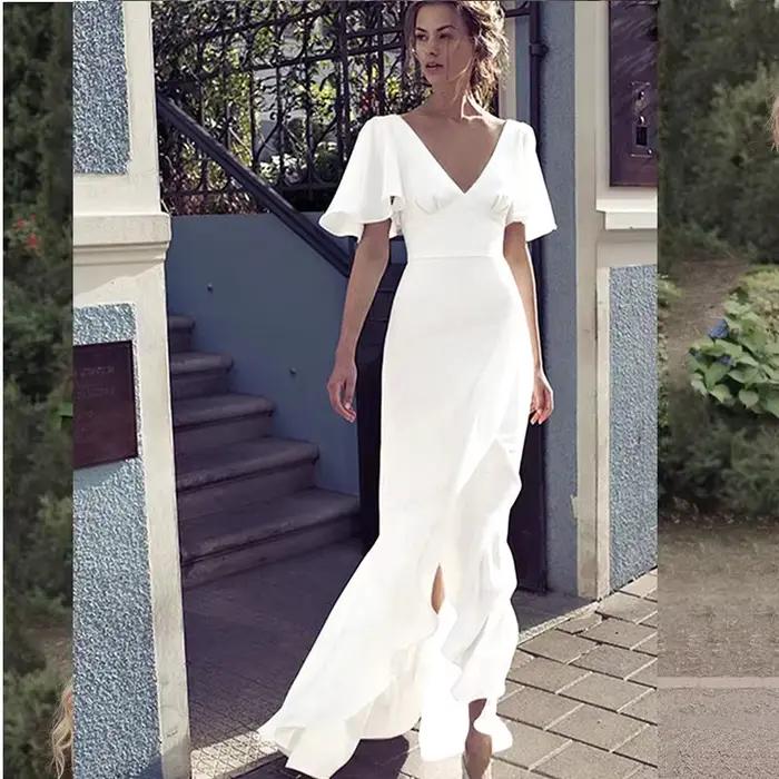 Robe De Mariée Satin Simple Décolleté En V Manches Courtes Dos Nu Sirène Fente Devant Longueur Sol M