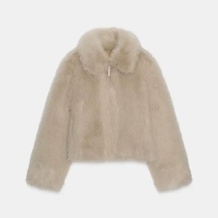 Chic Double face fourrure veste femme revers couleur unie fermeture éclair manches longues manteau d