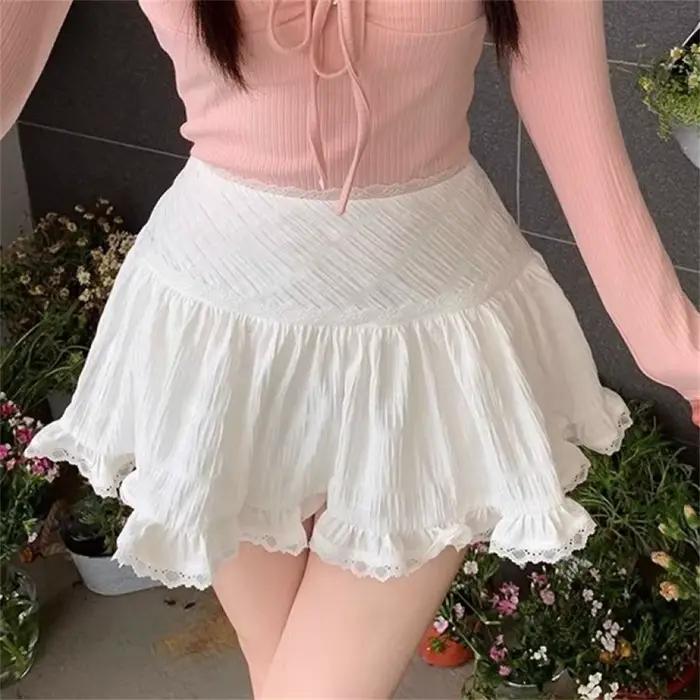 Mini jupe coréenne en dentelle pour femme, short trapèze, taille haute, à volants, patchwork, noir, 