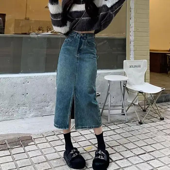 Lucyever-Jupe en jean fendue sur le devant pour femme, vintage, bleu, mode printemps, taille haute, 