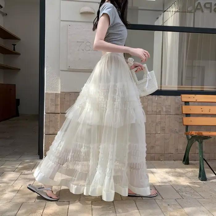 Jupe en tulle féminine, nouvelle collection été 2026, taille haute, coupe trapèze, évasée, style fée