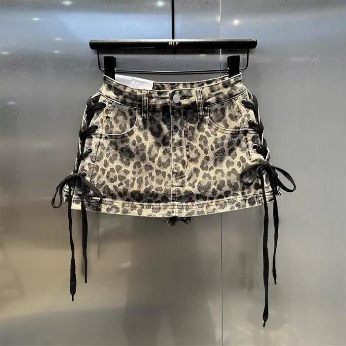 Jupe-short en jean imprimé léopard pour femme, style vintage, mini-jupe moulante à lacets, Y2K, déco