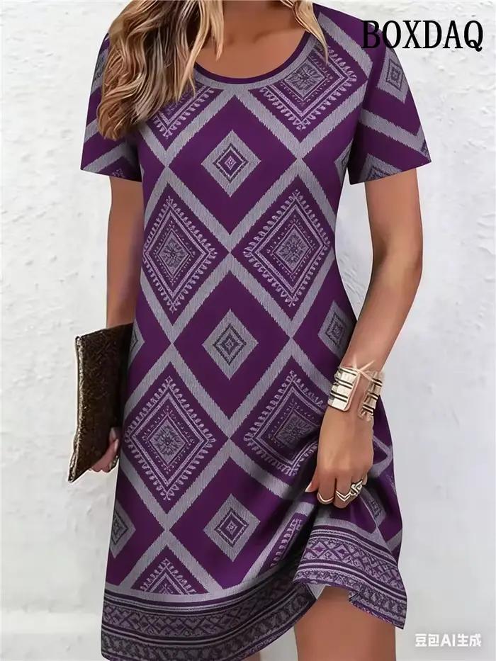 Robes pour femmes à motif ethnique, impression 3D, mode été 2026, manches courtes, coupe ample, styl