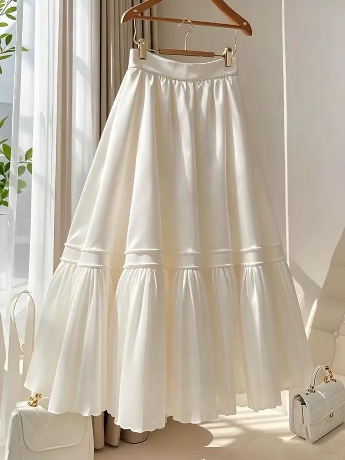 Jupe longue plissée évasée taille haute en satin blanc pour femme, style A-line, élégante et décontr