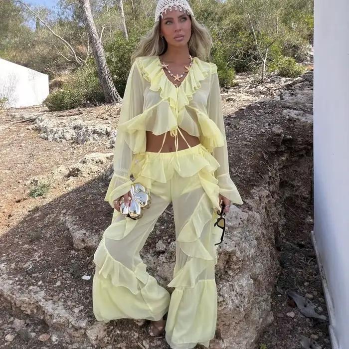 Robes jaunes deux pièces pour femmes, manches longues, robes de soirée, col en V, volants, ensembles