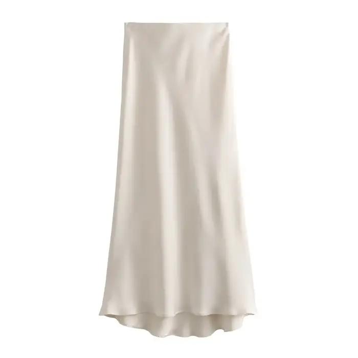 Nouvelle jupe longue élégante en satin de soie pour femme, style français, taille haute, couleur uni