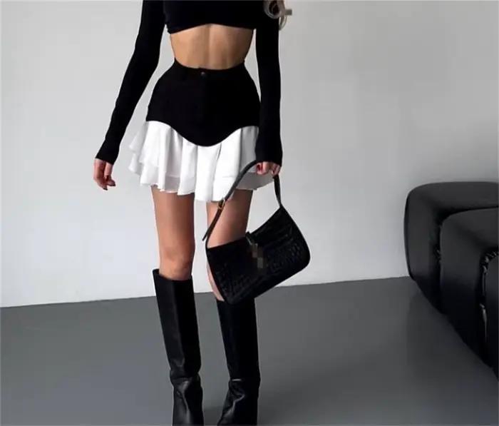 Jupe midi chic à volants pour femme, taille haute, plissée, coupe trapèze, nouvelle collection print