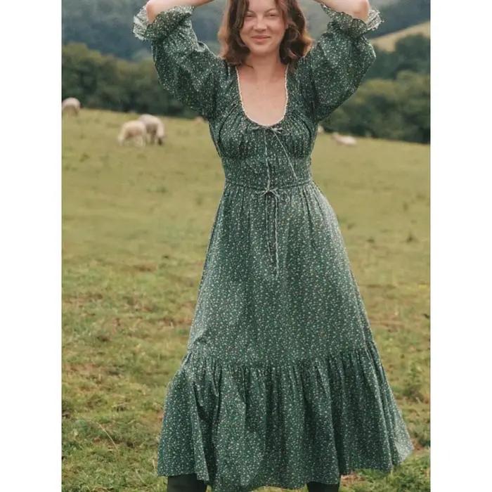 Robe longue à manches bouffantes et col rond, imprimé floral vert, style pastoral