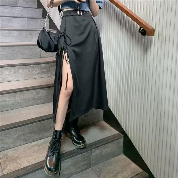 Jupes trapèze taille haute pour femmes, streetwear, nœud fendu sur le côté, rétro, sexy, irrégulier,