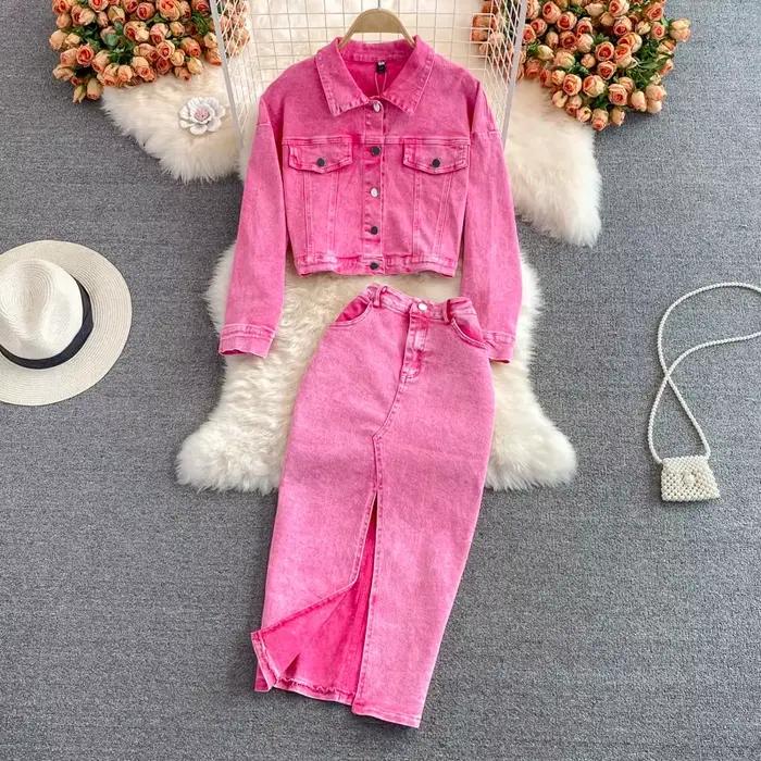 Denim 2 pièces ensembles veste jupe femmes costume jupes longues tenues d'extérieur simple boutonnag