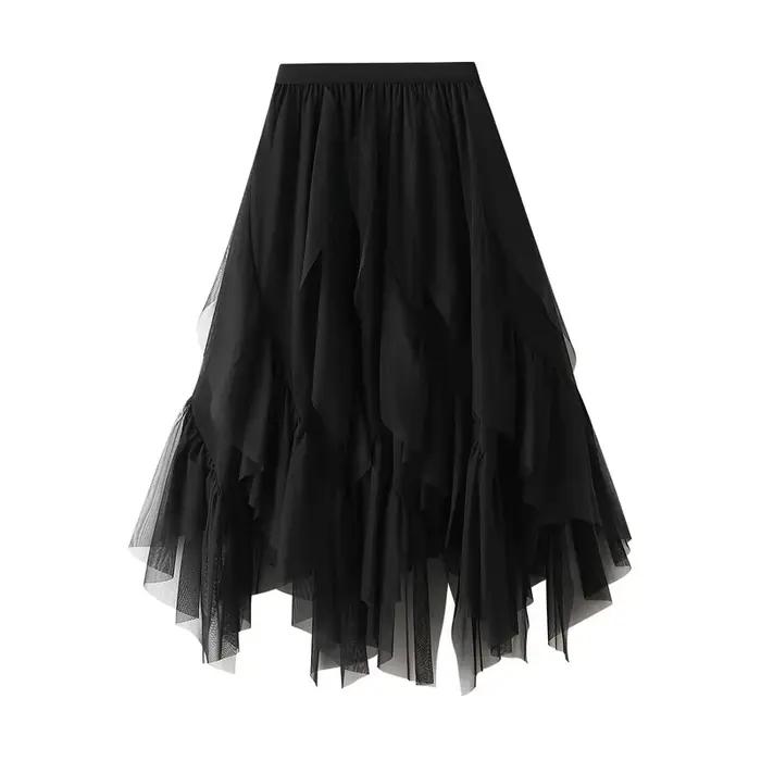 Jupe longue en tulle froncé pour femme, taille haute, coupe trapèze, style coréen, effet froissé