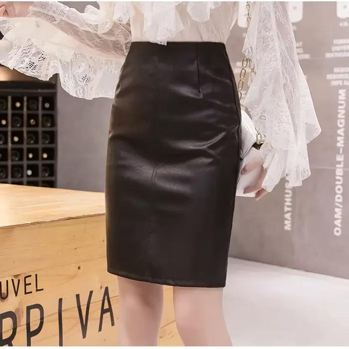 Jupes crayon vintage en cuir PU pour femmes, taille haute, longueur aux genoux, noir, vin, rouge, co