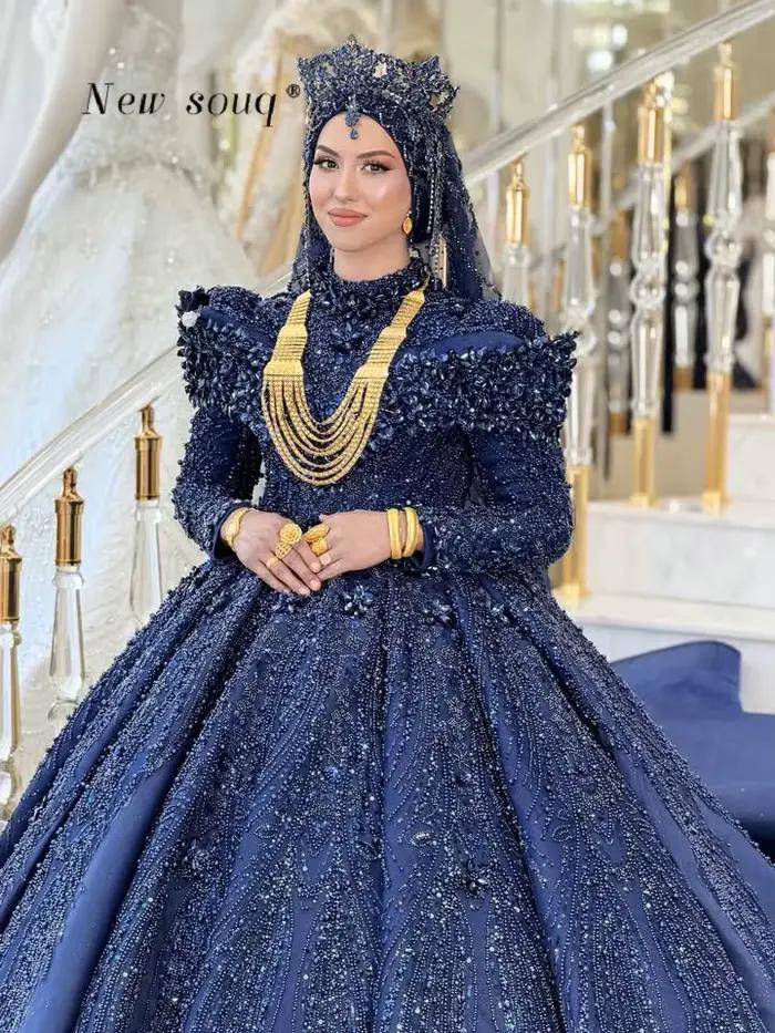 Robes de bal de mariée musulmanes bleu marine à manches longues, robes de soirée de luxe brodées et 