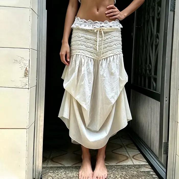 Jupe longue bohème pour femmes, broderie en dentelle, taille corset avec cordon de serrage, jupe à v