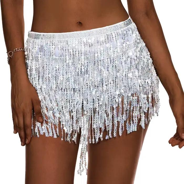 Jupe courte Hula de danse latine brillante à 4 couches, paillettes en mousseline de soie, chaîne de 