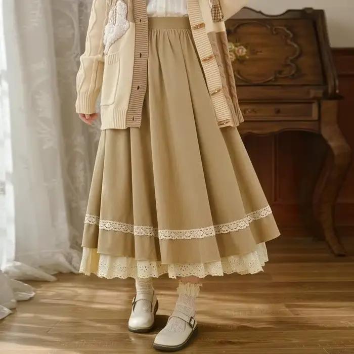 Jupe longue taille haute évasée style Y2K pour femme, design élégant français, dentelle, mode coréen