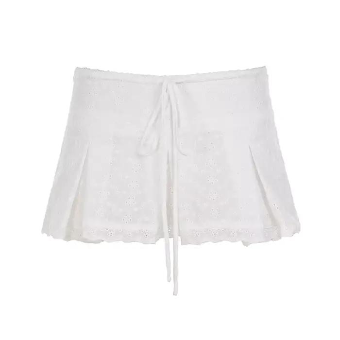Jupe plissée jacquard taille basse avec cordon de serrage, jupe tissée blanche fine pour femme, coll