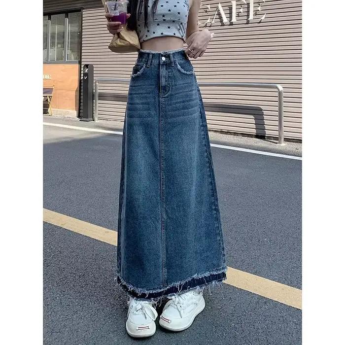 Jupe trapèze taille haute décontractée pour femmes, jupes en denim, style de rue, bord rugueux, vers