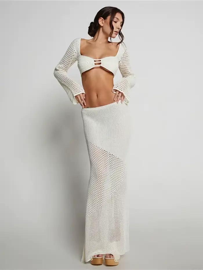 Hirigin – ensemble jupe 2 pièces en tricot au Crochet pour femme, haut court ajouré, manches longues