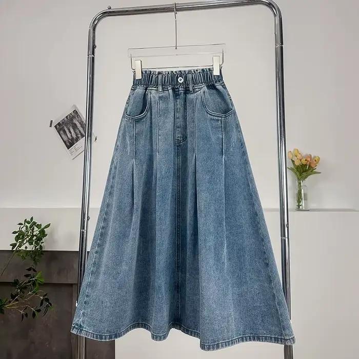 Jupes en jean pour femmes, mi-longues, coupe trapèze, taille élastique, ajustées, boutonnées, élégan