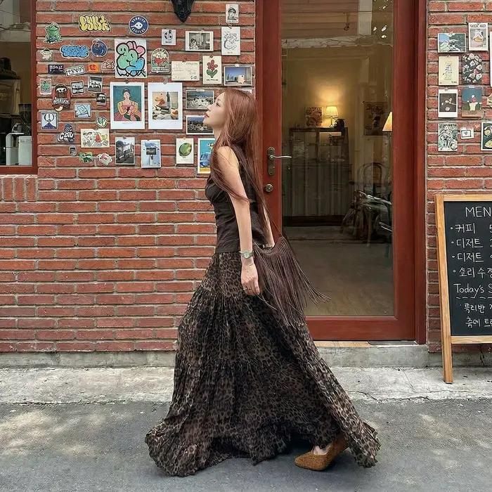 Vintage Leopard Print Skirt High Waist A-shaped Skirt