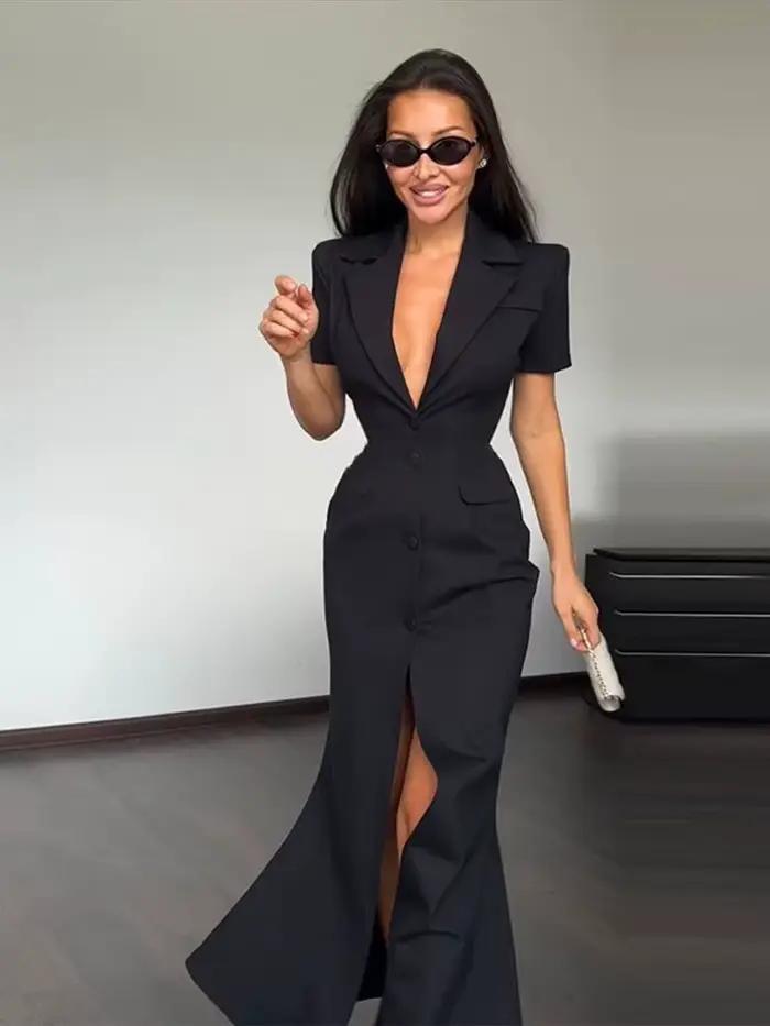 Robes longues pour femmes, col à revers, manches courtes, taille cintrée, robe moulante, élégante, c