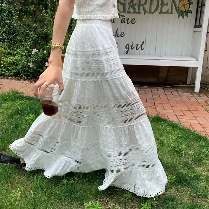 Jupe Maxi découpée à œillets brodés, en coton blanc, Semi-transparente, fluide, longue, style Boho, 
