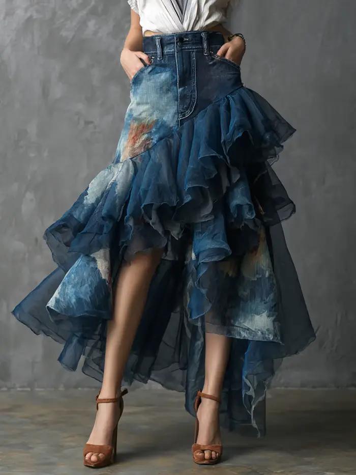 Jupe longue asymétrique en jean patchwork à volants taille haute avec superposition de tulle transpa