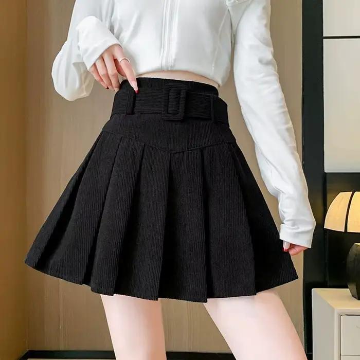 Mini jupes Vintage en velours côtelé pour femme, jupe plissée taille haute, Style Preppy, mode avec 