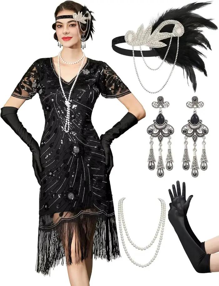 Robes à clapet des années 1920, robes Gatsby pour femmes, Costumes rugissants à franges des années 2