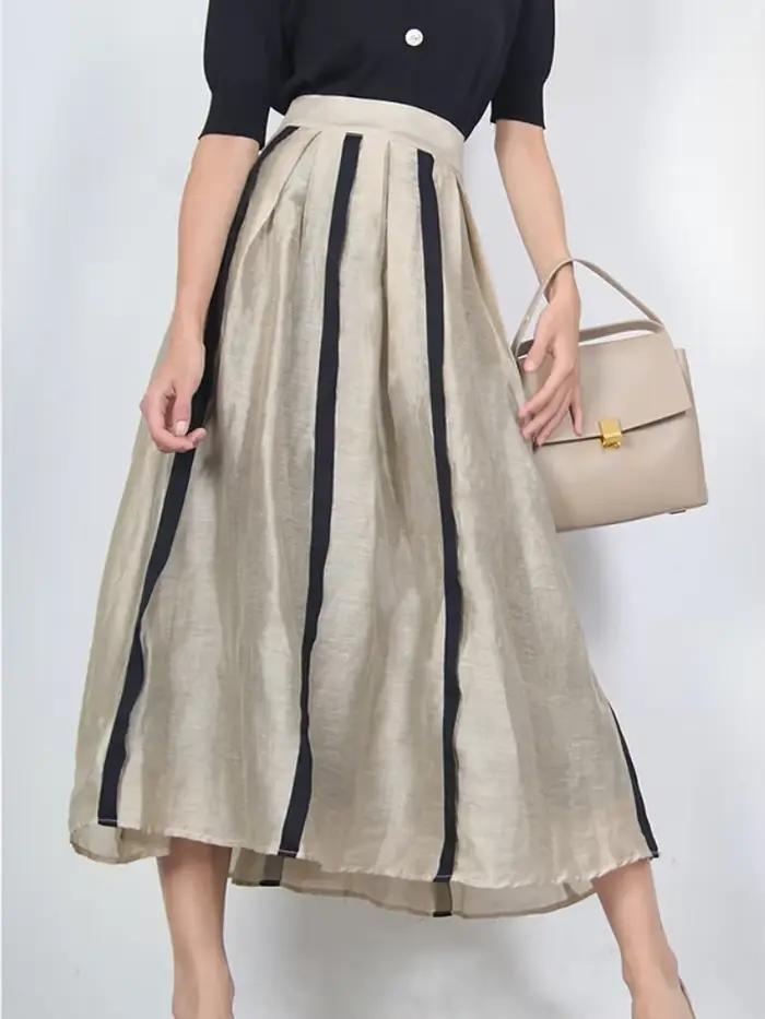 Nouvelle jupe pour femme de style français, élégante, plissée, à rayures, style Hepburn, jupe mi-lon