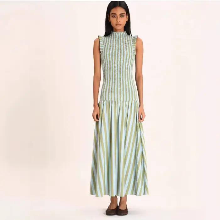 Robe longue de vacances à col semi-montant, sans manches, drapée, style bohème, élégante, taille hau
