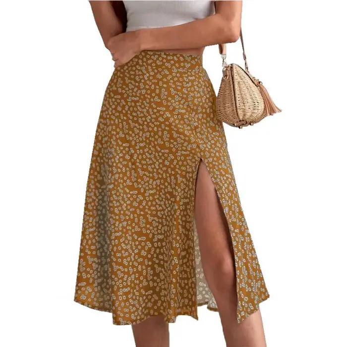 Jupe mi-longue taille haute à imprimé floral pour femmes, jupe fendue A-line, habillage imprimé flor