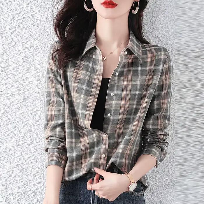 Chemise à carreaux à manches longues et col rabattu pour femme, vêtement ample et décontracté, à la 