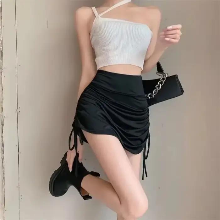 Mini jupes d'été Sexy pour femmes, cordon de serrage, taille haute, enveloppée sur les hanches, plis