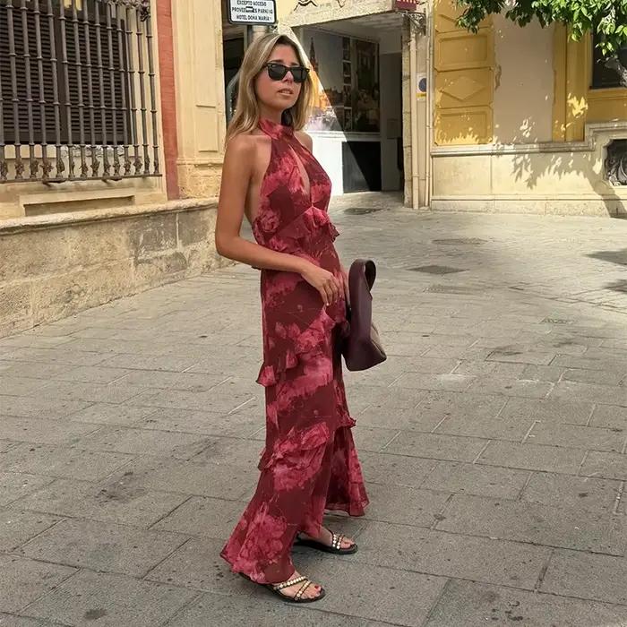 Ensemble jupe longue et haut dos nu à imprimé floral pour femme, sans manches, avec jupes à volants,