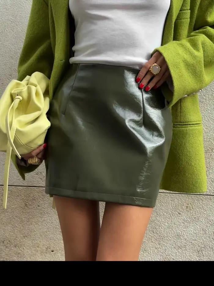 Ensemble jupe en cuir PU pour femmes, veste à revers, manches longues, Double boutonnage et jupe cou