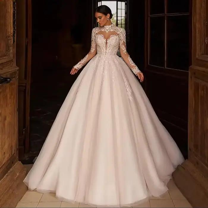 Nouvelle Robe de Mariée Longue en Dentelle, Style Palais, Coupe Ajustée, Col Montant, Travaux de Cou
