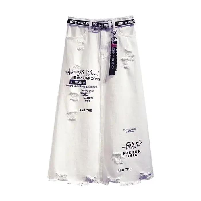 Jupe longue en denim blanc pour femmes, lettres imprimées, style coréen, mode, surdimensionnée, gran