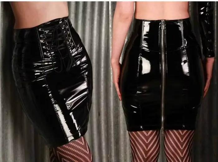 Jupe crayon en cuir PVC vinyle avec fermeture éclair, dos sexy, dos brillant, look de boîte de nuit,