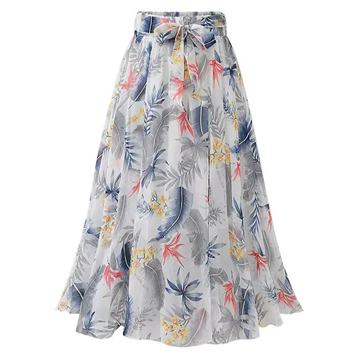 Jupe longue en mousseline florale d'été pour femme, taille haute, avec nœud, coupe trapèze, mi-longu