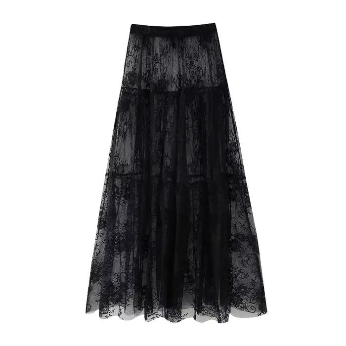 TRAF-Jupe mi-longue taille haute en maille de dentelle noire pour femme, jupe longue en tulle, trans