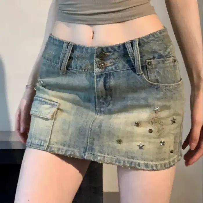 2025 américain Vintage étoile Rivet Denim jupes femmes été mince portefeuille hanche a-ligne jupe fe